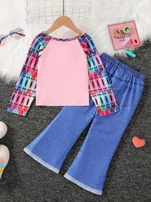 2pcs Young Girl' Fashionable Personalized Outfit, Brush Print Round Neck Long Sleeve Top + Flared Pants, Spring Autumn