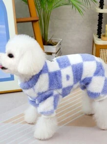 PETSIN 1 件蓝白格子可爱皮带附保暖羊毛宠物连体衣 - 藍色 - 查看 3