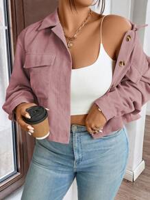 Franclia Áo khoác dài tay thường ngày màu trơn cỡ lớn có túi cài nút phía trước - Bụi hồng - Xem 3