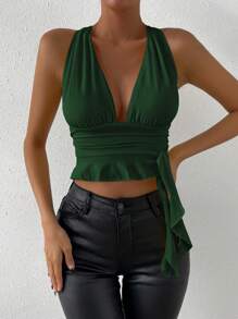Allurite Top de tirantes simple con cordón y fruncido de unicolor, uso diario casual