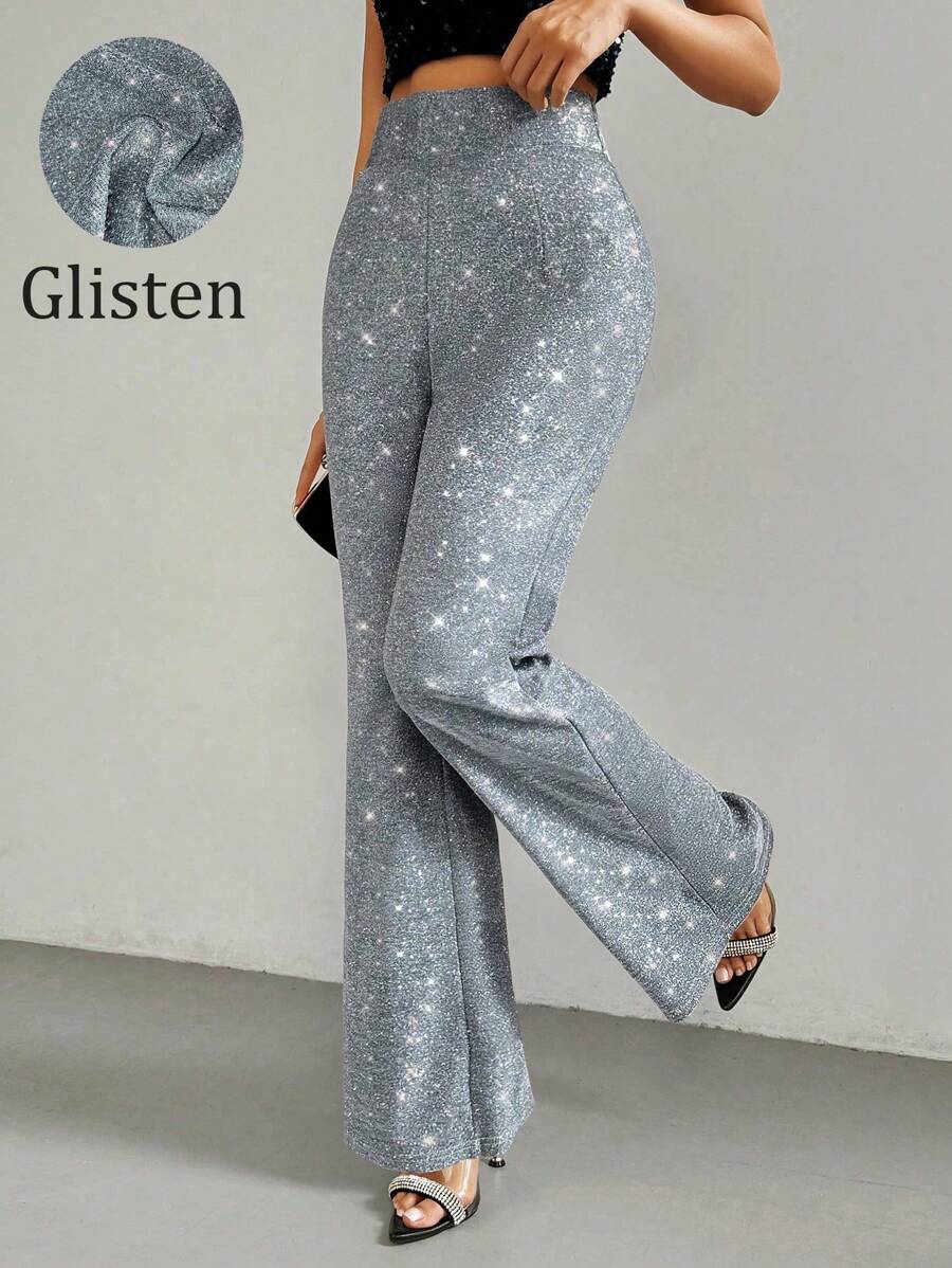 Chiquease Women Silver Glittery High Waisted Loose Straight Leg Long Pants - Silver - View 1
