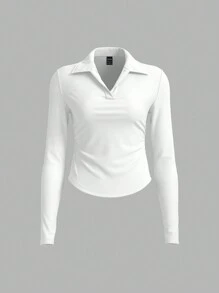 SHEIN BASICS Casual Solid Color Knit Collared Half-Button Front Fitted Long Sleeve Blouse With Pleated Sides For Women, Cozy Chic, Daily Commute