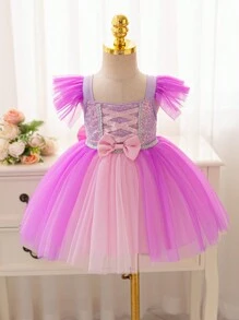 Glamorique Kids Christmas Partywear Santa Dress, New Year's Dress. Baby Girl Christmas & Halloween Ball Gown Dress, Princess Dress With Bow, Sequin Silver Ribbon, Pink Satin Ribbon, Flared Tulle Skirt, Front & Back Bow, Stage Performance, Birthday Party, Wedding, Festival Dress, Suitable For All Seasons