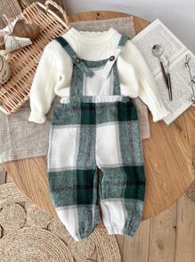 SHEIN Baby Girl Plaid Print Jumpsuit Outfit, Suitable For Outings & Christmas Events - Green - View 6