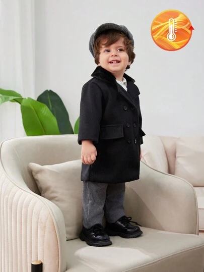 SHEIN Playful Pals Baby Boy Patchwork Plush Collar Turndown Collar Mid-Length Trench Coat
