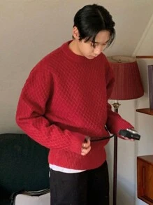 Áo len dệt kim cổ tròn dài tay trơn cho nam, mùa thu - Đỏ - Xem 4