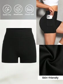 SHEIN Sports 纯色口袋简约运动短裤，休闲日常穿着氨纶短裤 - 黑色 - 查看 1