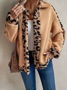 SHEIN LUNE 休闲豹纹拼布羊毛前开超大开衫，秋冬保暖 - 棕色 - 查看 7