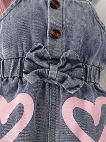 SHEIN 1 套女婴纯色圆领长袖罗纹 T 恤和心形印花工装裤休闲装，秋季