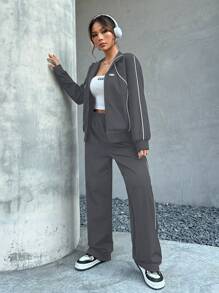 Muchica Casual Sporty Contrast Color Jacket & Pants Set