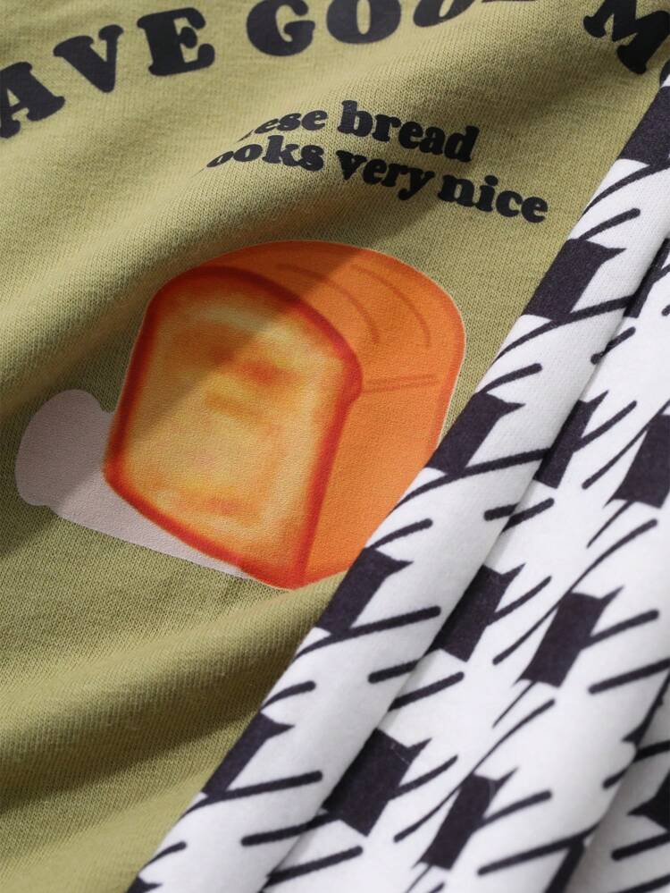 Cute Bread Print Loose Casual Sweatshirt And Plaid Pajama Pants Sleepwear Set For Autumn