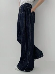 DAZY Quần Jeans Denim Ống Thẳng Dài Rộng Màu Trơn Cho Nữ, Quần Jeans Rộng - Rửa tối - Xem 4