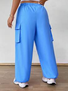 Flirla Plus Size Women Elastic Waist Drawstring Cargo Pants With Contrast Trim