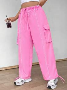 Flirla Plus Size Women's Elastic Waist Drawstring Cargo Pockets Pants With Contrast Trim Fall Cloth For Women - Pink - View 7
