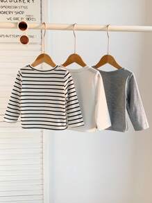 SHEIN 男婴三件套百搭休闲条纹纯色长袖套头衫套装，柔软舒适，适合居家或户外穿着，春秋时尚秋冬款 - 黑與白 - 查看 2