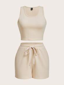 Slaydiva 3 件套女士休闲短裤和长裤套装 - 杏色 - 查看 2