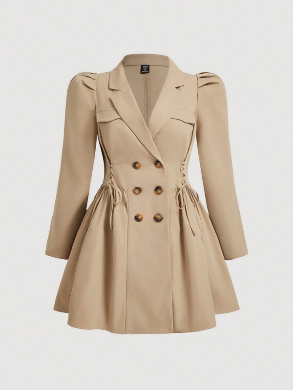 SHEIN MOD Plus Size Khaki Cinched Waist Puff Sleeve Women Trench Coat