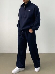 DAZY Men's Letter Graphic Zipper Front Minimalist Sweatshirt And Pants Casual Set Autumn - Navy Blue - View 8
