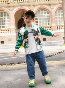 SHEIN 年轻男孩绿色和白色对比熊印花前扣长袖夹克，适合秋季 - 彩色 - 查看 6