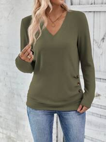 SHEIN LUNE Solid V-Neck Button Casual Versatile Long Sleeve T-Shirt - Olive Green - View 4