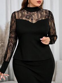 Reflora Damen-Top in großen Größen für den Alltag, elegant, mit langen Ärmeln und Spitze, für Herbst - Schwarz - Übersicht 7
