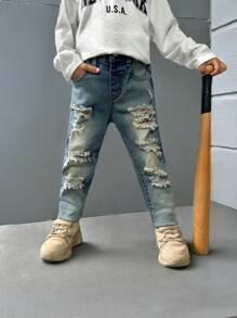 SHEIN Explorewe Young Boy Handsome Acid Wash Minimalist Style Distressed Fashion Stretch Denim Jeans - Medium Wash - View 6