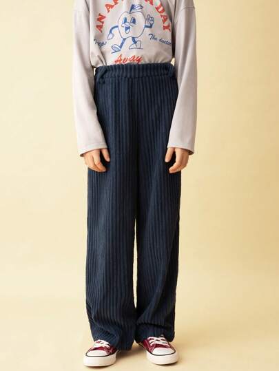 SHEIN Tween Boys 蓝色弹力灯芯绒松紧腰宽松阔腿休闲裤，适合秋冬季