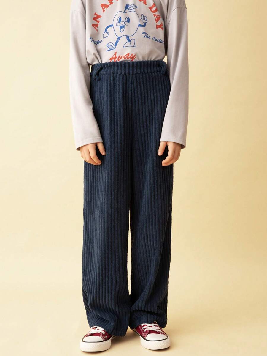 SHEIN Tween Boys Blue Stretch Corduroy Elastic Waist Loose Fit Wide Leg Casual Pants, Suitable For Autumn/Winter