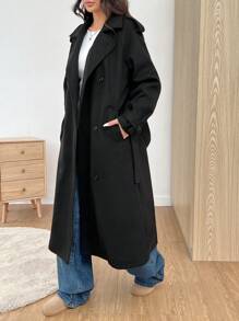 SHEIN EZwear Áo khoác dài tay đơn giản ấm áp giản dị cài nút màu trơn phía trước, mùa thu đông - màu đen - Xem 4