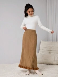 Teen Girl Khaki Elastic Waist Tassel Hem Elegant A-Line Skirt - Khaki - View 3