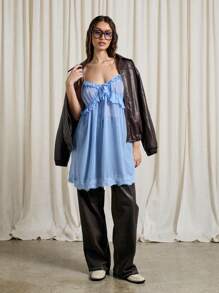 AiiRZ Boho Sheer Ruffle And Lace Trim Detail Cami Dress With Knickers Two-Piece Co-Ord Set