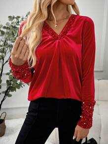 SHEIN LUNE Women's Christmas Sequins Patchwork Red Top - Red - View 5