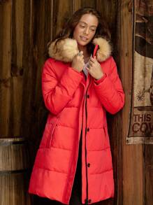 LanaWest Faux Fur Patchwork Zip Front Hooded Long Sleeve Jacket With Buttons, Winter Fall Cloth For Women - Red - View 5