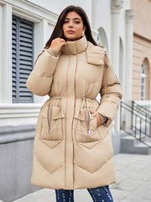 Astrid Płaszcz zimowy, swobodny, jednokolorowy, ściągany sznurkiem, z kapturem i ściągaczem - Wielbłąd - Zobacz 1