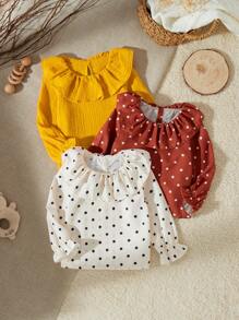 SHEIN 3 件装女宝宝休闲荷叶边领泡泡袖上衣，春秋装 - 彩色 - 查看 1