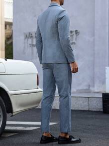 Manfinity Bizformal Men Stripe Pattern Formal Business Casual Notched Collar Suit Jacket And Pants Set - Grey - View 7