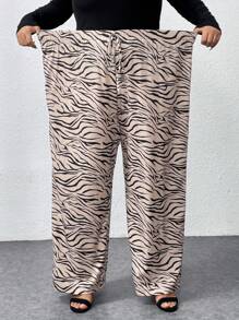 SHEIN CURVE+ Curve Plus Size Casual Zebra Stripe Straight Leg Pants - Khaki - View 8