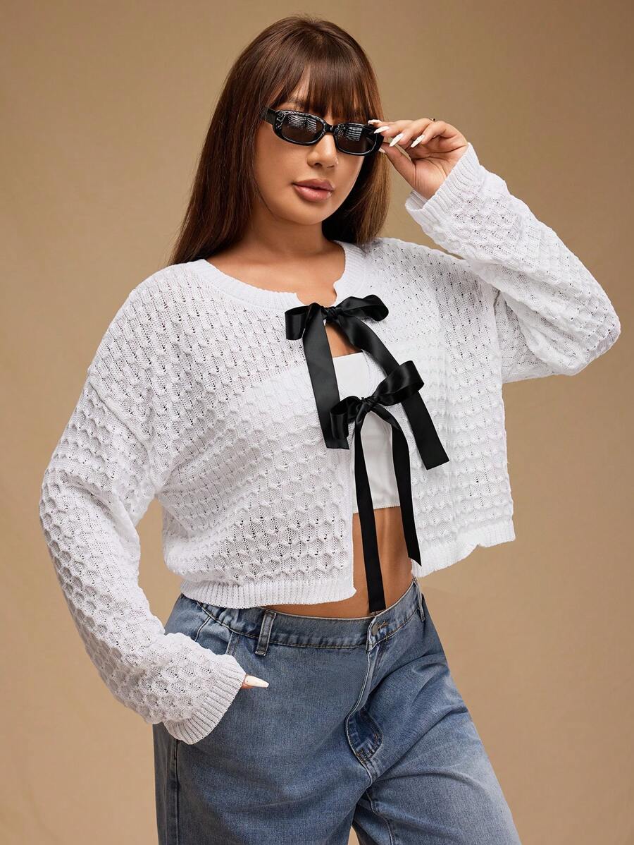 Forever 21 Plus Size Women's Fashionable Autumn Winter Knitted Long Sleeve Tie Front Cardigan - White - View 1