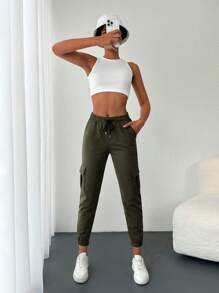 EURMUSE Flap Pocket Side Drawstring Waist Cargo Sweatpants - Khaki - View 5