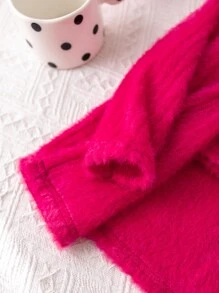 SHEIN 3 件套女婴服装：毛绒针织开衫、修身罗纹毛衣上衣和紧身裤，洋红色 - 玫紅色 - 查看 8
