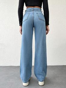 EURMUSE Solid Color Straight Leg Jeans ,Petite Women - Baby Blue - View 2