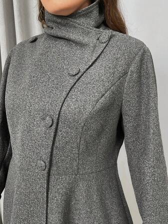 SHEIN Privé 大码女装秋冬时装秀深灰色 A 字型不对称冬季羊毛大衣适合简约旅行和优雅约会