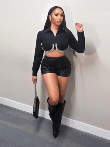 BamGleam 时尚水钻装饰短款衬衫，秋季女士黑色衬衫