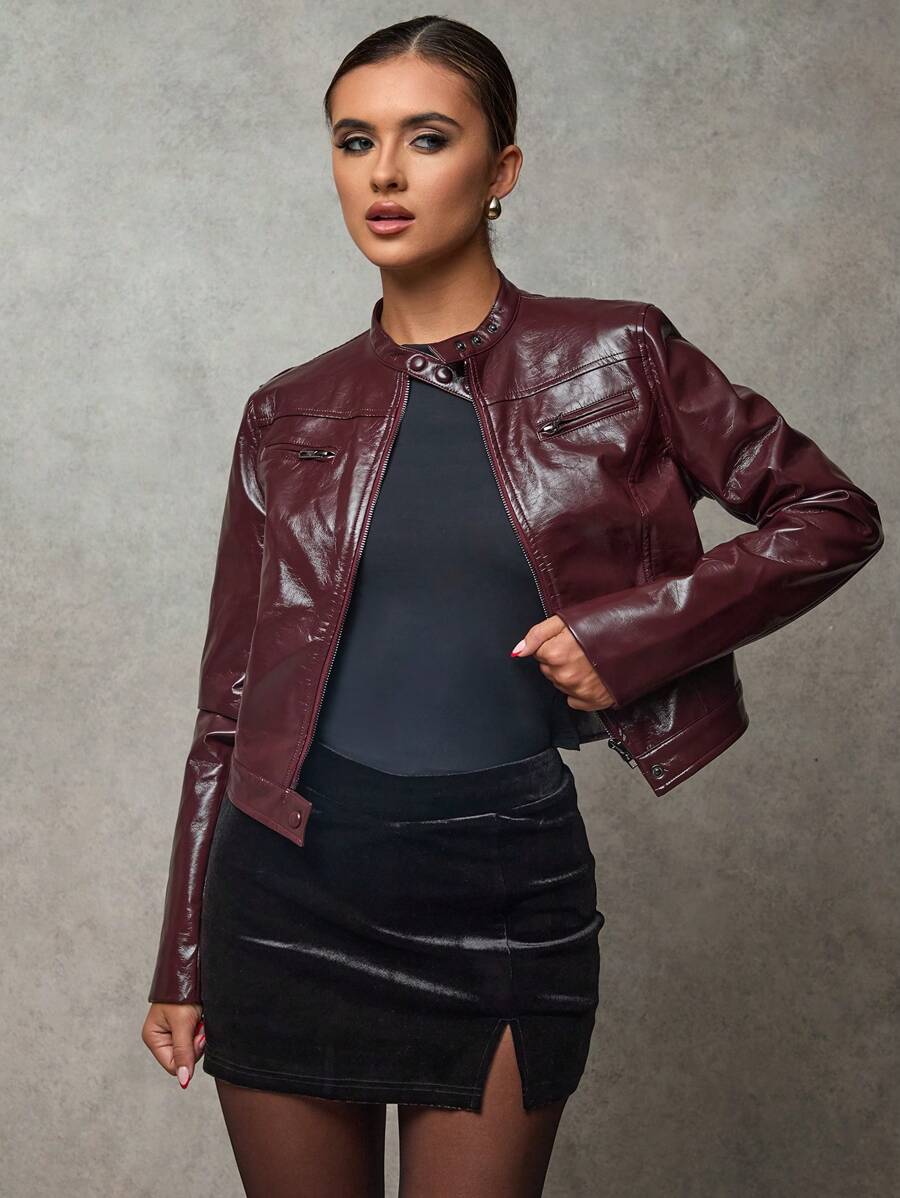 SHEIN BAE 女士夹克 勃艮第冬季女士皮革夹克 女士外套 秋季女装 拉链装饰纹理 复古勃艮第 PU 女士夹克 冬季加厚保暖夹克 短款皮夹克 - 酒紅色 - 查看 1