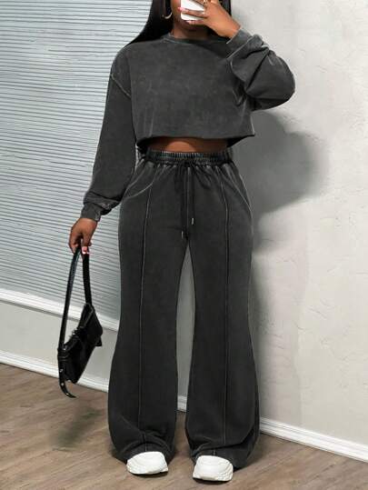 Slaydiva 2pcs Women Streetwear Oversized Acid-Washed Sweatsuit