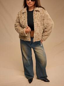Forever 21 Plus Size Fluffy Women's Fluffy Zip-Up Warm Coat, Autumn And Winter - Camel - View 9