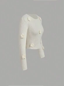 SHEIN MOD 圆领装饰3D花卉杏色毛衣，秋冬毛衣，优雅毛衣，约会装，冬季上衣，保暖，冬季女装 - 杏色 - 查看 3