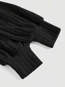 SHEIN MOD 女式黑色休闲方领灯笼袖 T 恤，秋冬款 - 黑色 - 查看 3