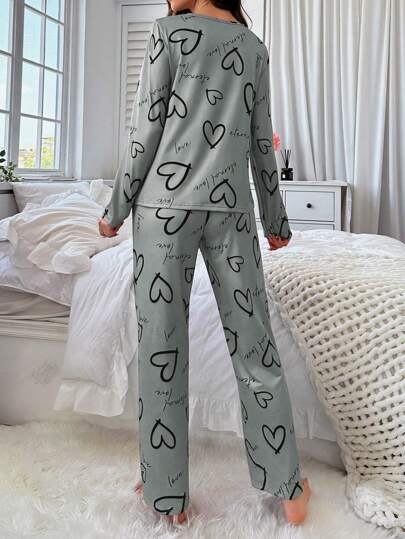 Heart Letter Print Women Round Neck Long Sleeve Top Pants Pajama Set, Fall Clothes view 2