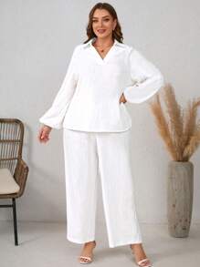 SHEIN LUNE Bộ 2 món áo dài tay mềm mại màu trắng cỡ lớn cho nữ và quần dài Bộ quần áo nữ du lịch sân bay - trắng - Xem 3